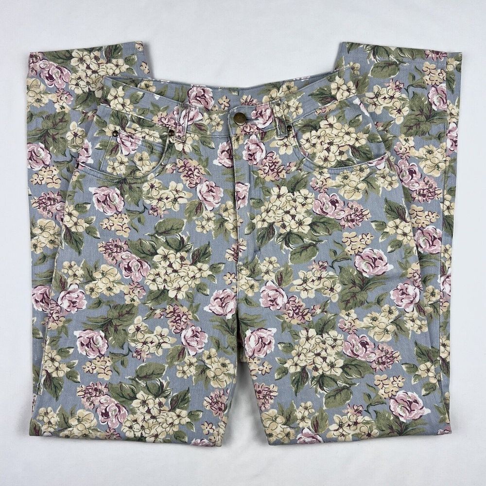 Vintage Newport News 6 Blue Green Pink Floral High Rise Tapered Denim Mom Jeans